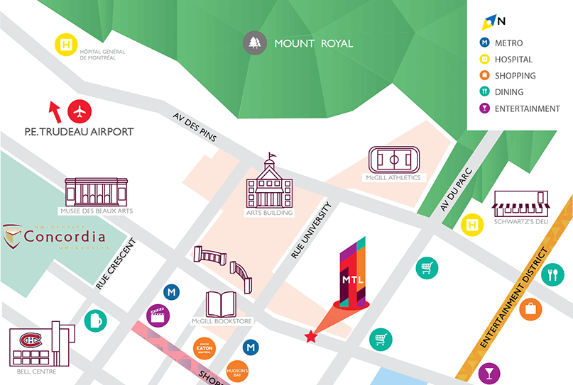 A map of downtown Montreal showing McGill university and Campus1 MTL. A star indicates Campus1 MTL's location is and it's on the same street as McGill.