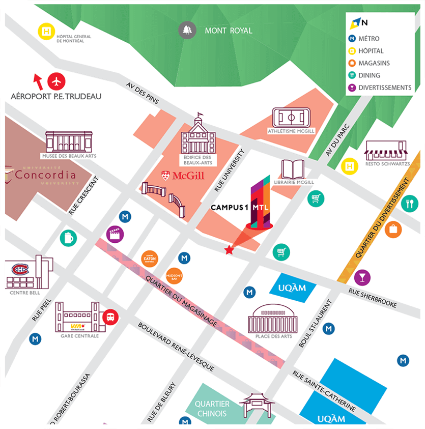 Carte d’emplacement du Campus1 MTL. Résidence étudiante en face de l’Université McGill.