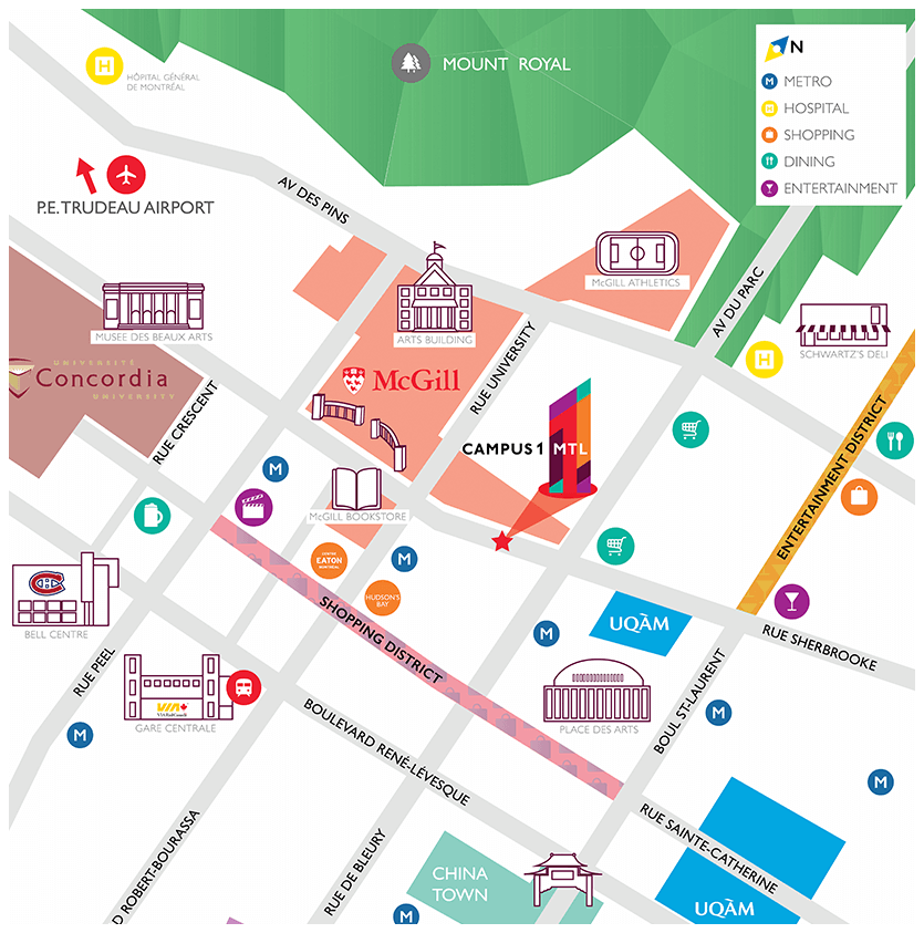 Campus1 MTL location map. Student living across the street from McGill University.