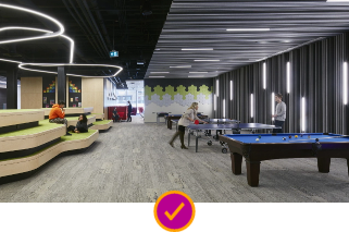 Shared space including pool and ping pong tables at Campus1 MTLCampus 1 MTL Lounge